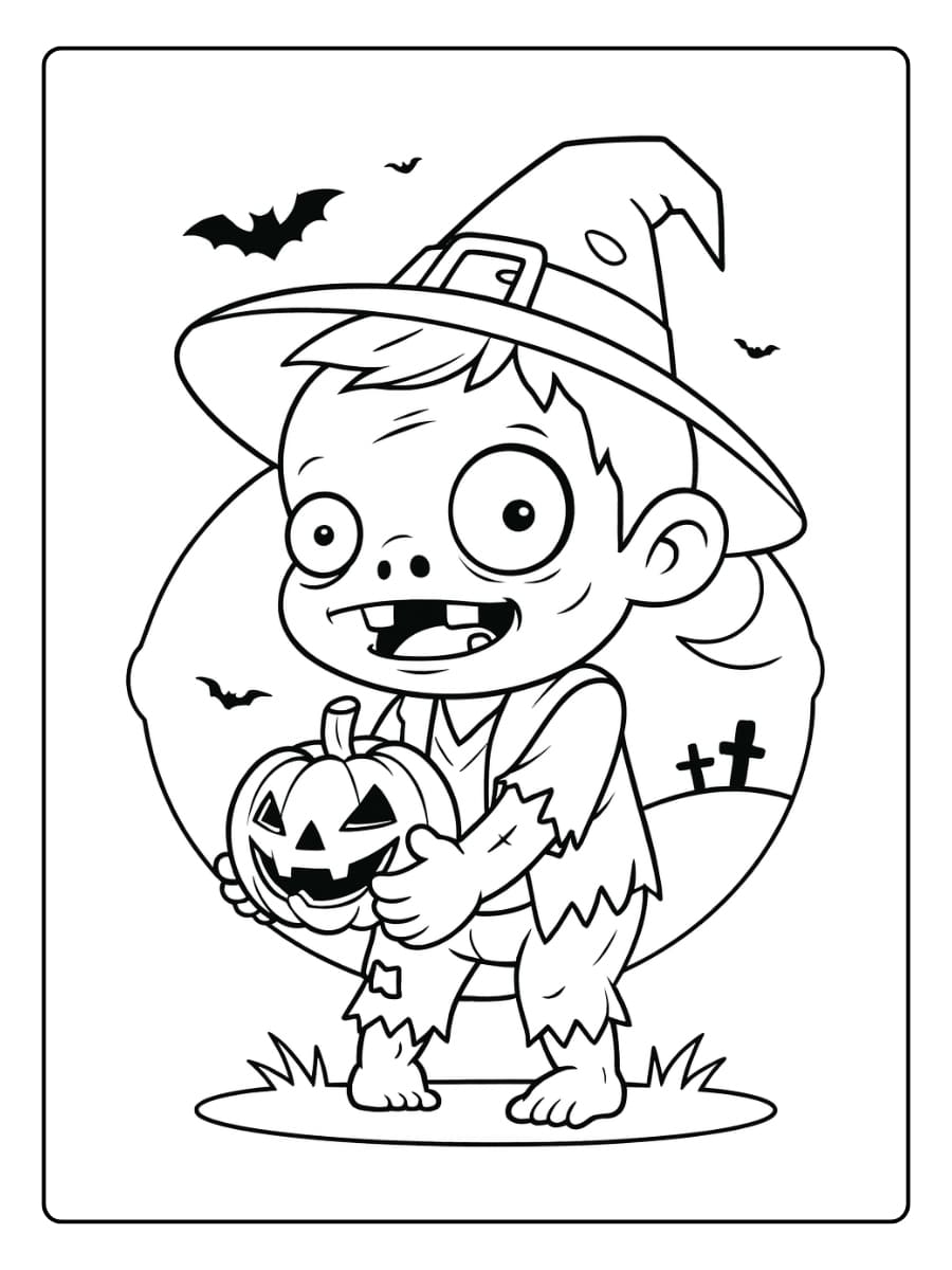 Kleurplaat zombie met een heksenhoed houdt een pompoen vast tijdens Halloween