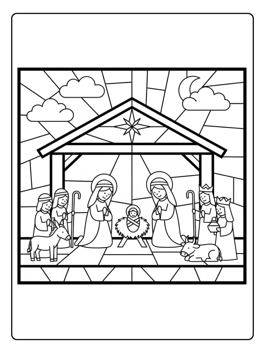 Glas in lood kerst kleurplaat kerststal