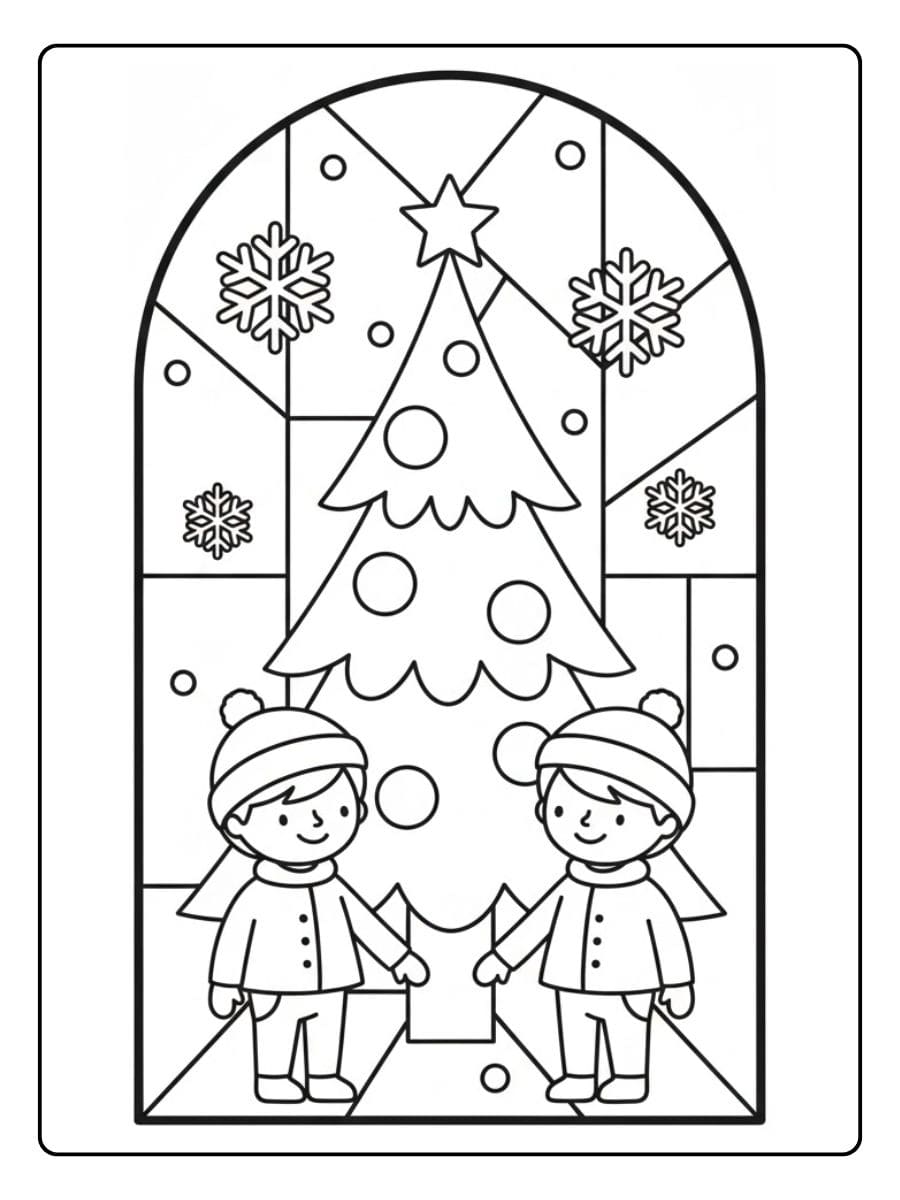 Glas in lood kerst kleurplaat kinderen bij kerstboom