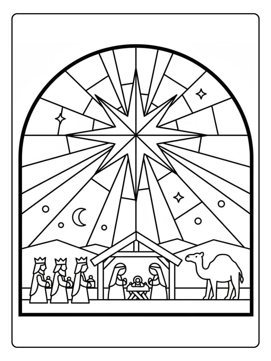 Glas in lood kerst kleurplaat ster van Bethlehem