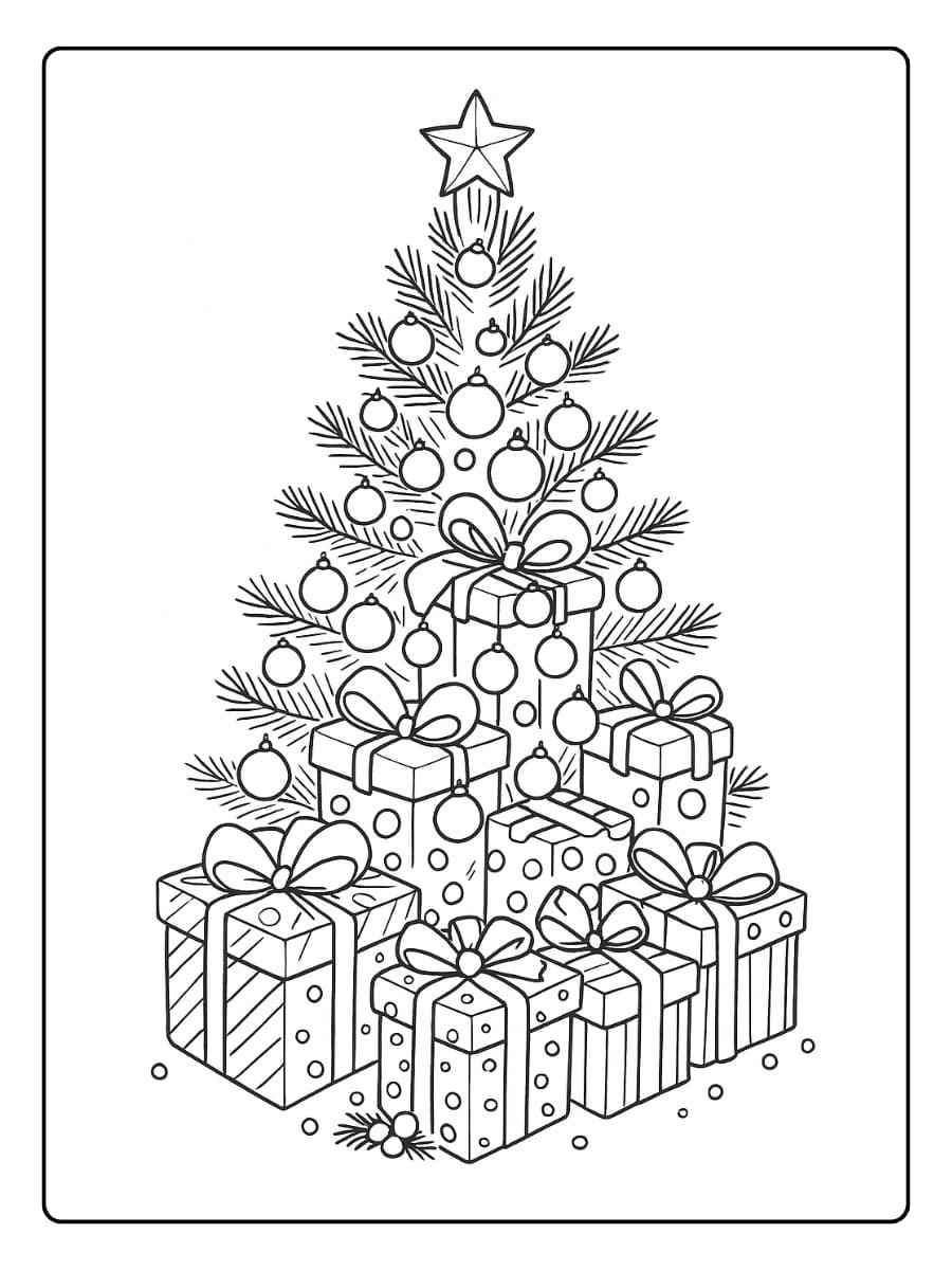 Kleurplaat kerstboom met cadeautjes eronder