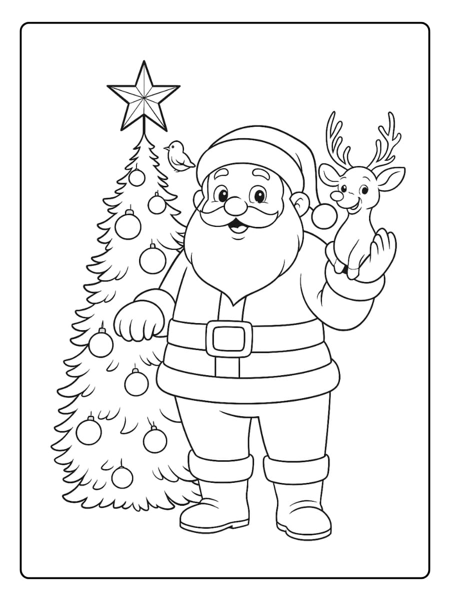 Kleurplaat kerstman staat vrolijk naast de kerstboom.