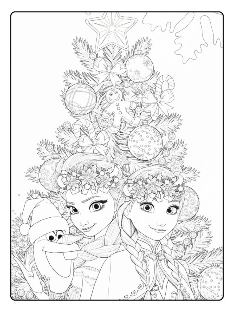 Kleurplaat Elsa, Anna en Olaf staan gezellig bij de versierde kerstboom