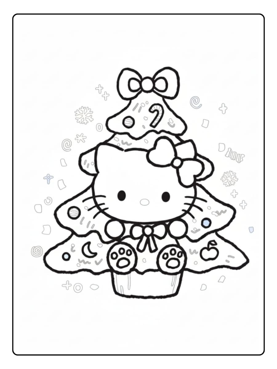 Kleurplaat Hello Kitty poseert trots bij de kerstboom