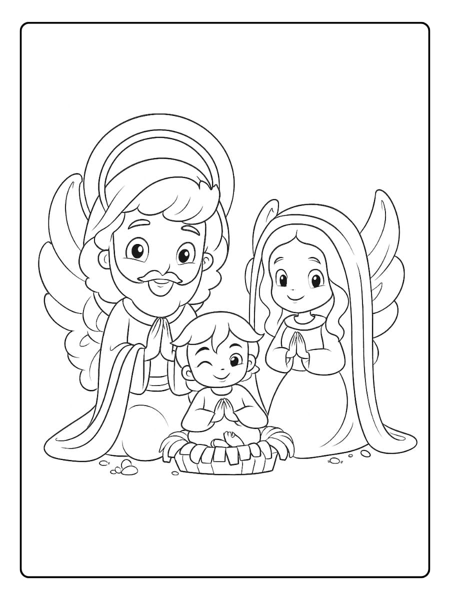 Kleurplaat Jozef en Maria bidden naast baby Jezus in een vredige kerststal