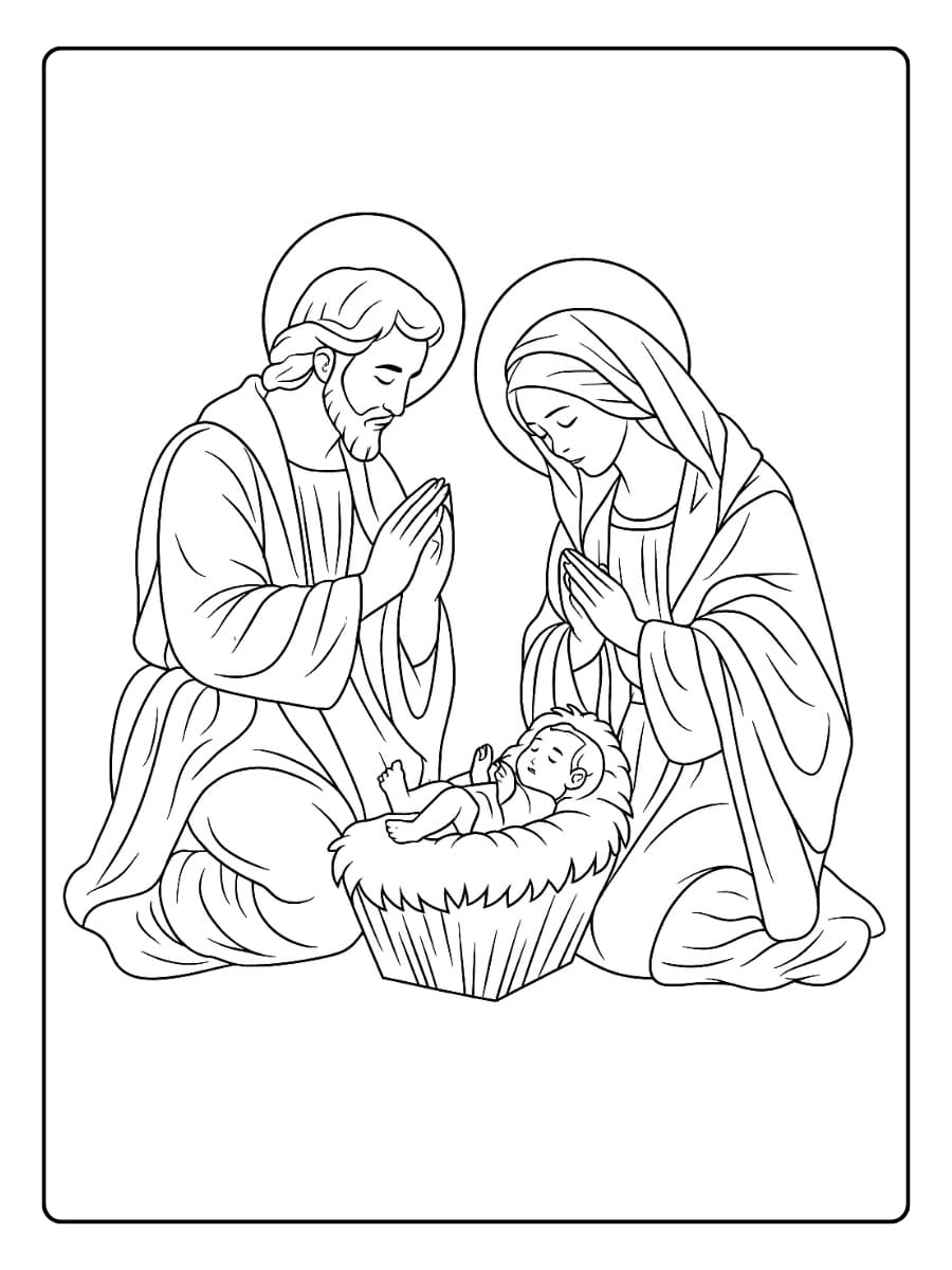 Kleurplaat Jozef en Maria knielen biddend bij het kindje Jezus in de kribbe