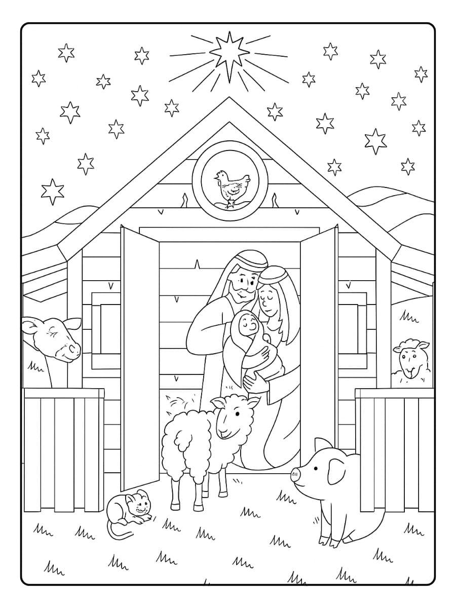 Kleurplaat Jozef en Maria zijn in de stal met het kindje Jezus
