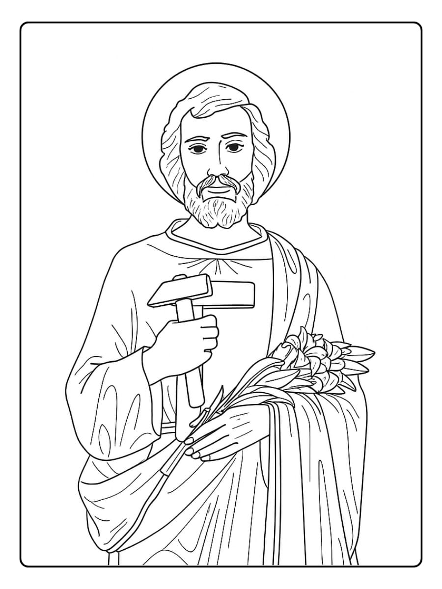 Kleurplaat Jozef houdt een hamer en een bos lelies vast
