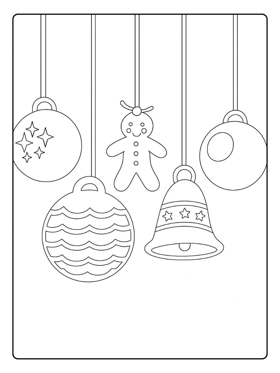 Kleurplaat Kerstballen hangen samen met een koekmannetje en een bel