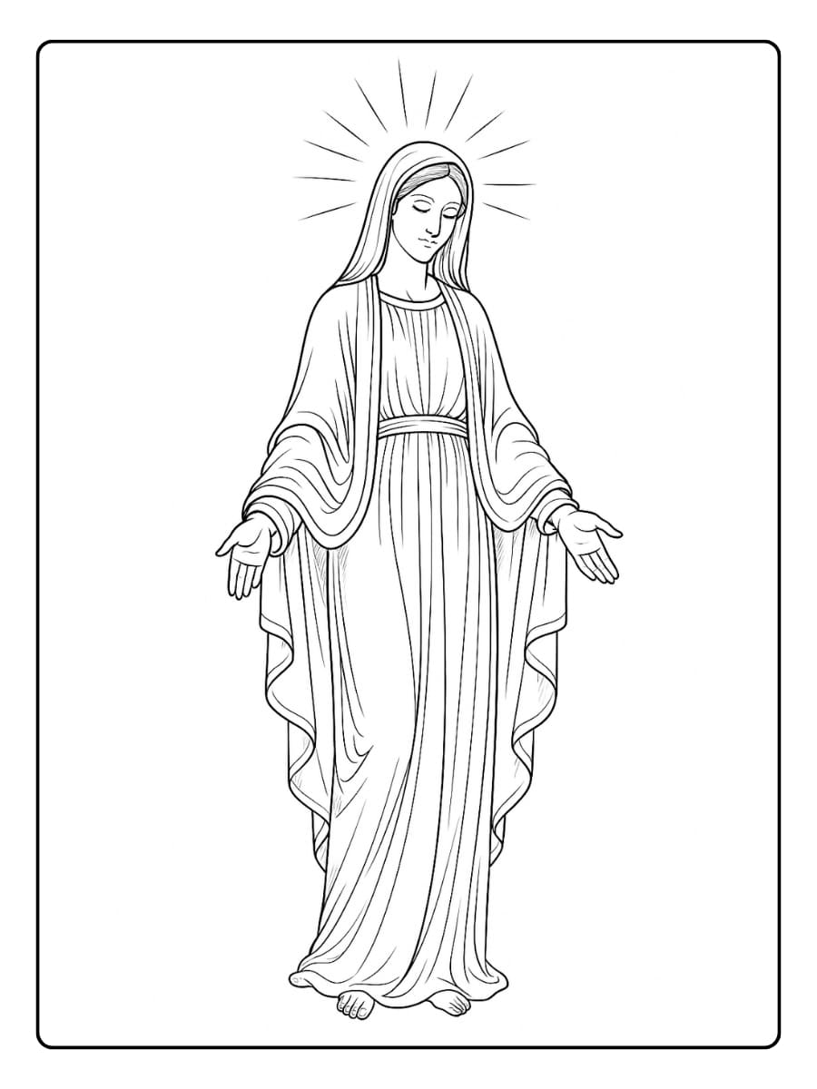 Kleurplaat Maria staat met open armen en een stralende glimlach van vrede
