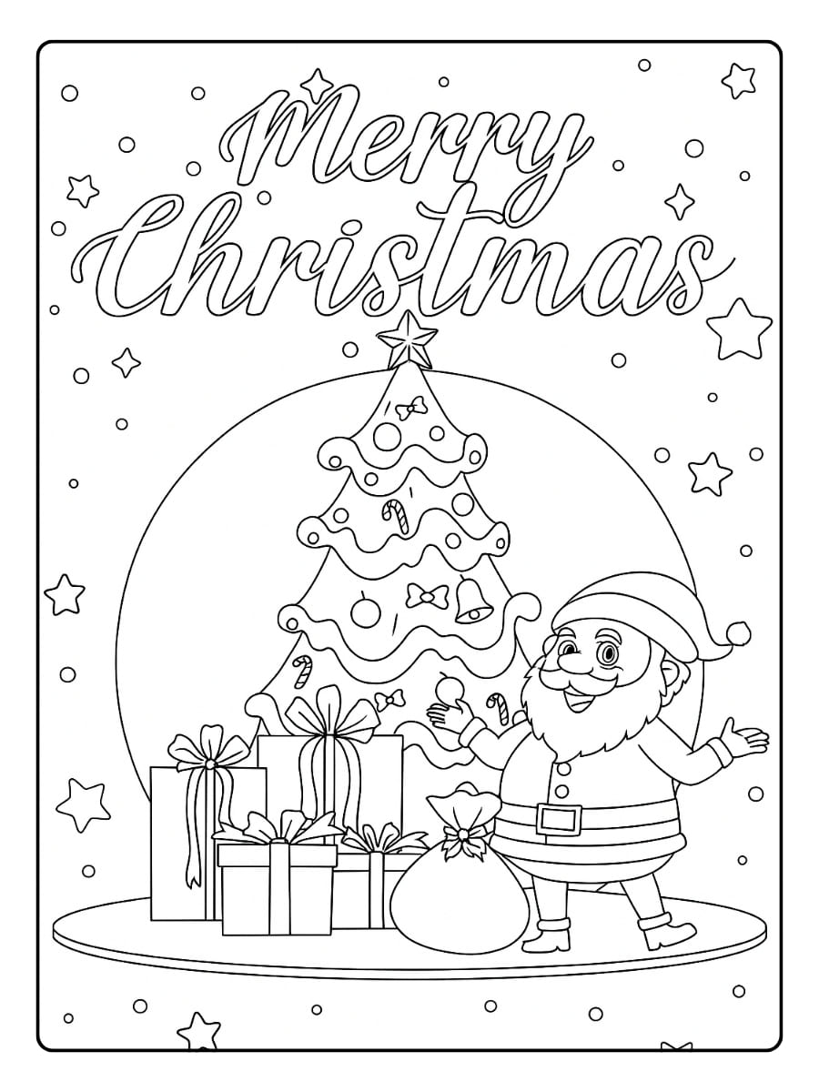 Kleurplaat Merry Christmas, een kerstboom, cadeaus en de kerstman