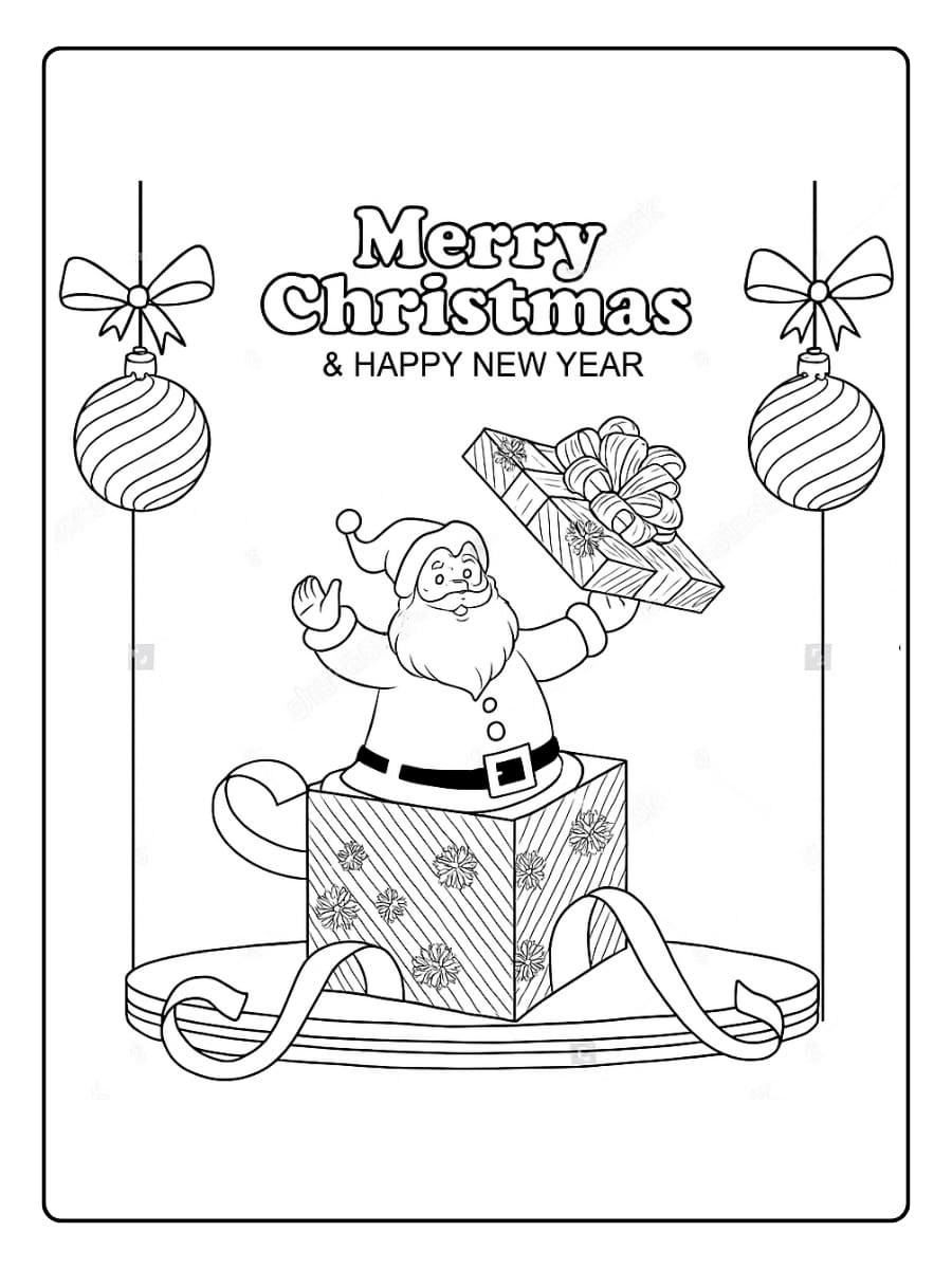 Kleurplaat Merry Christmas met de kerstman die uit een cadeau springt