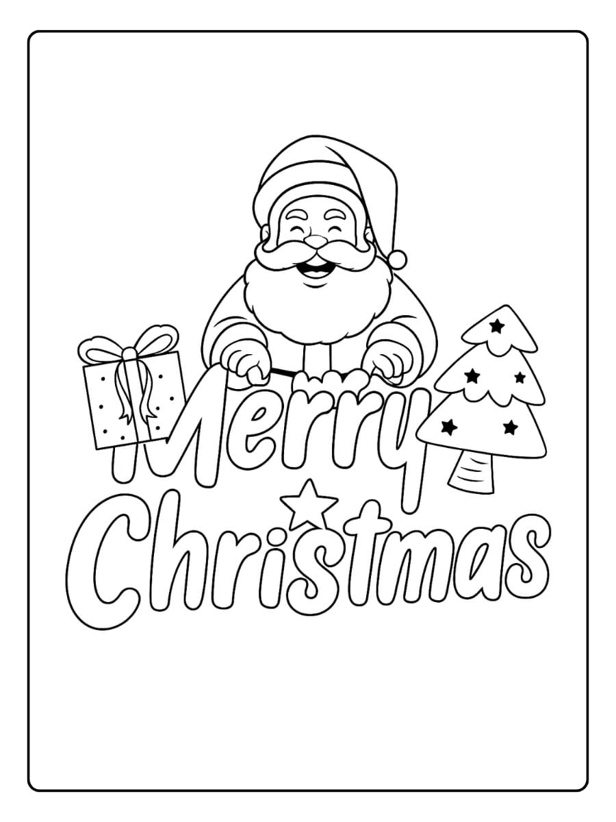 Kleurplaat Merry Christmas met een vrolijke kerstman, cadeau en kerstboom