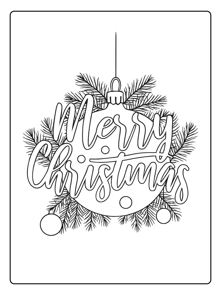 Kleurplaat Merry Christmas – een kerstbal met dennentakken en versieringen in feestelijke stijl