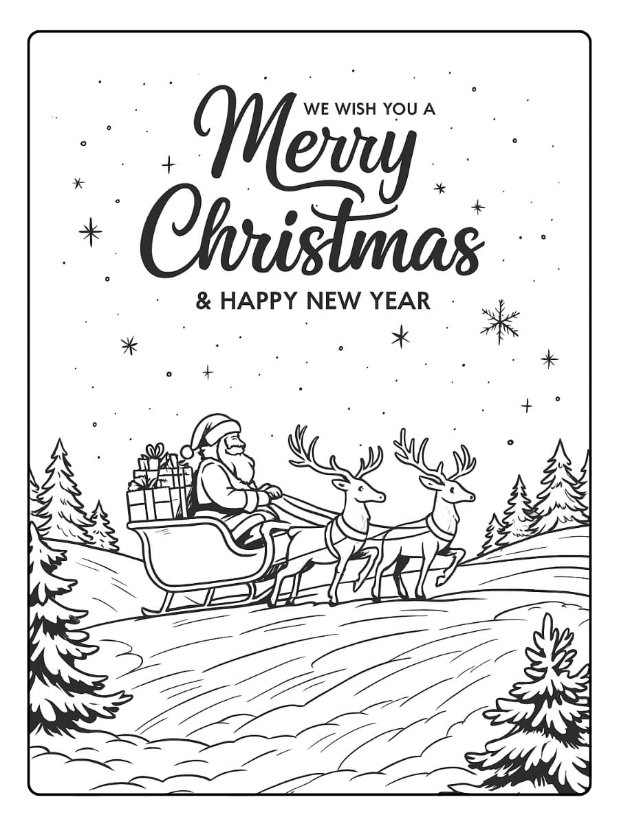 Kleurplaat Merry Christmas – een winterse afbeelding met de kerstman in zijn slee getrokken