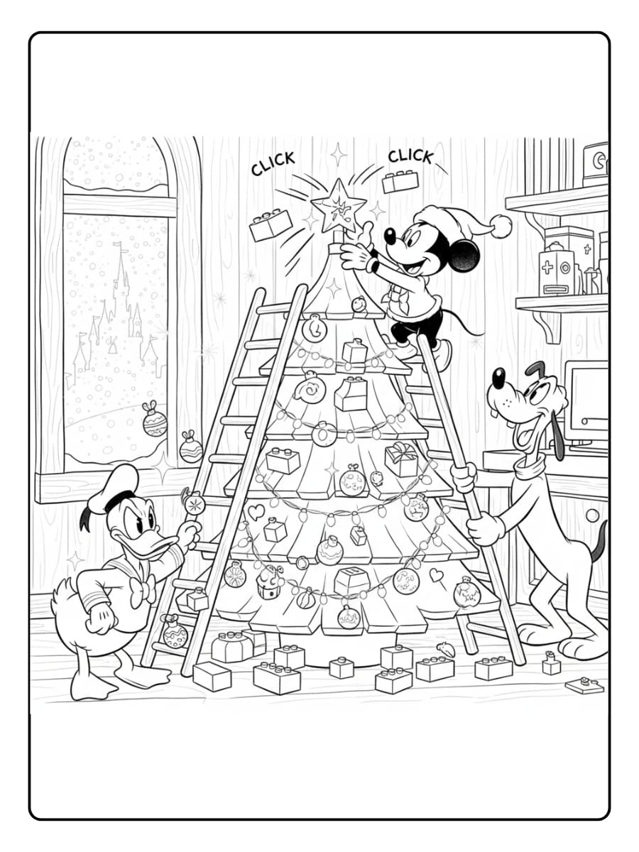 Kleurplaat Mickey, Donald en Pluto versieren samen de kerstboom
