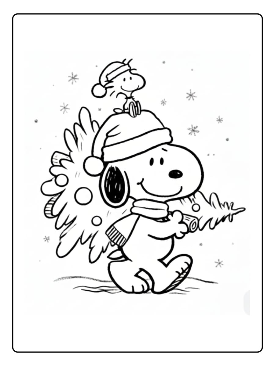 Kleurplaat Snoopy en Woodstock dragen een mooie kerstboom