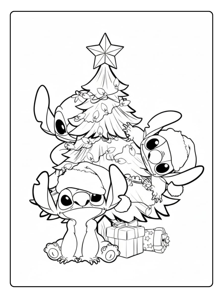 Kleurplaat Stitch en kerstboom