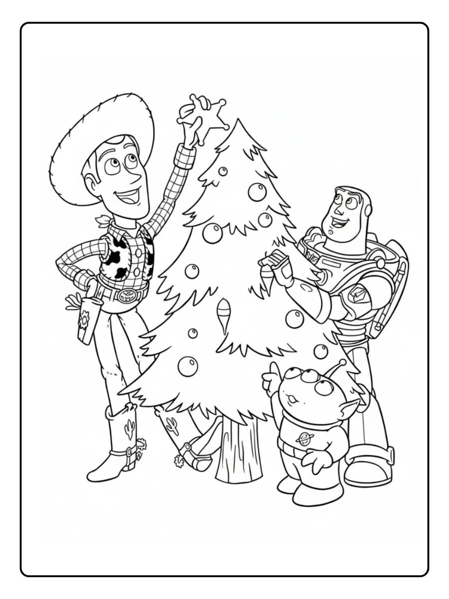 Kleurplaat Woody, Buzz en de aliens helpen met de kerstboomversiering