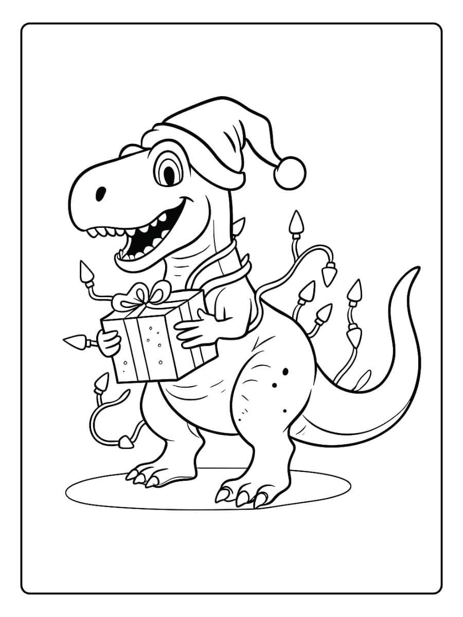 Kleurplaat dino met een kerstmuts houdt een cadeau vast