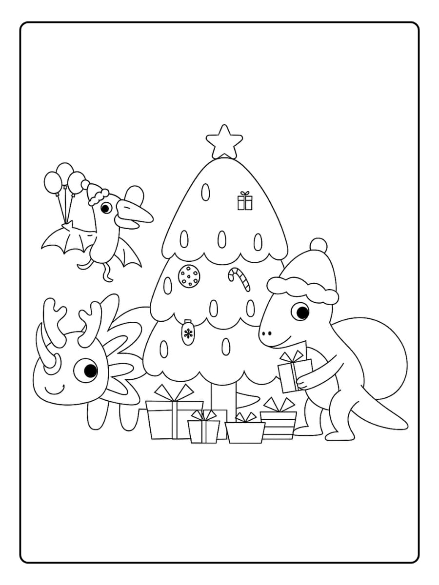 Kleurplaat dino’s die Kerst vieren rond een kerstboom