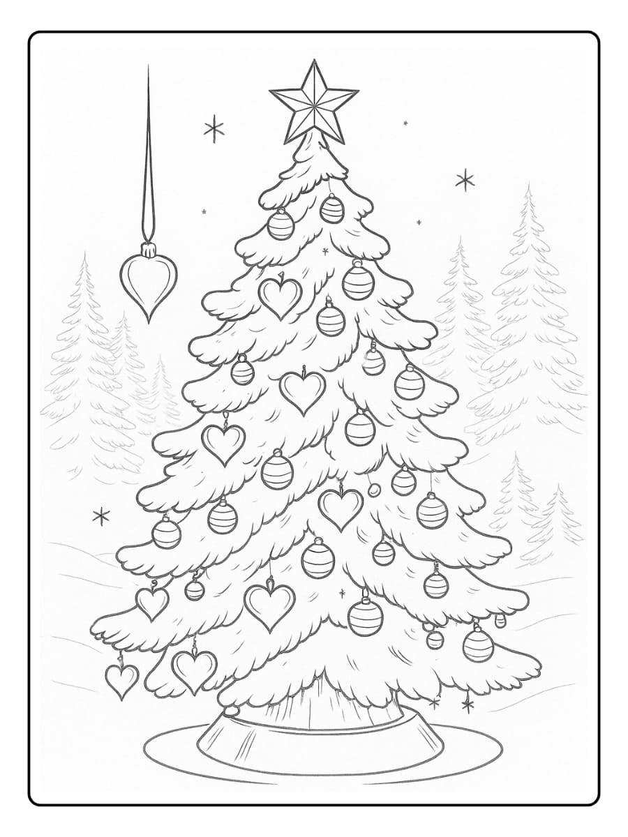 Kleurplaat gedetailleerde kerstboom met ballen