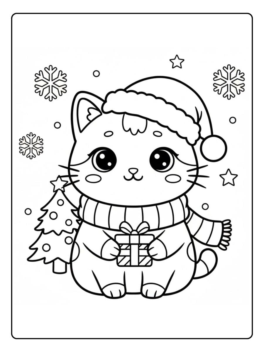Kleurplaat kawaii kerst kat