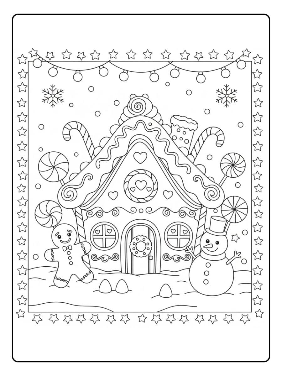 Kleurplaat kawaii kerst koekhuisje