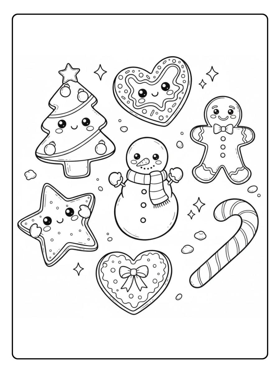 Kleurplaat kawaii kerst koekjes