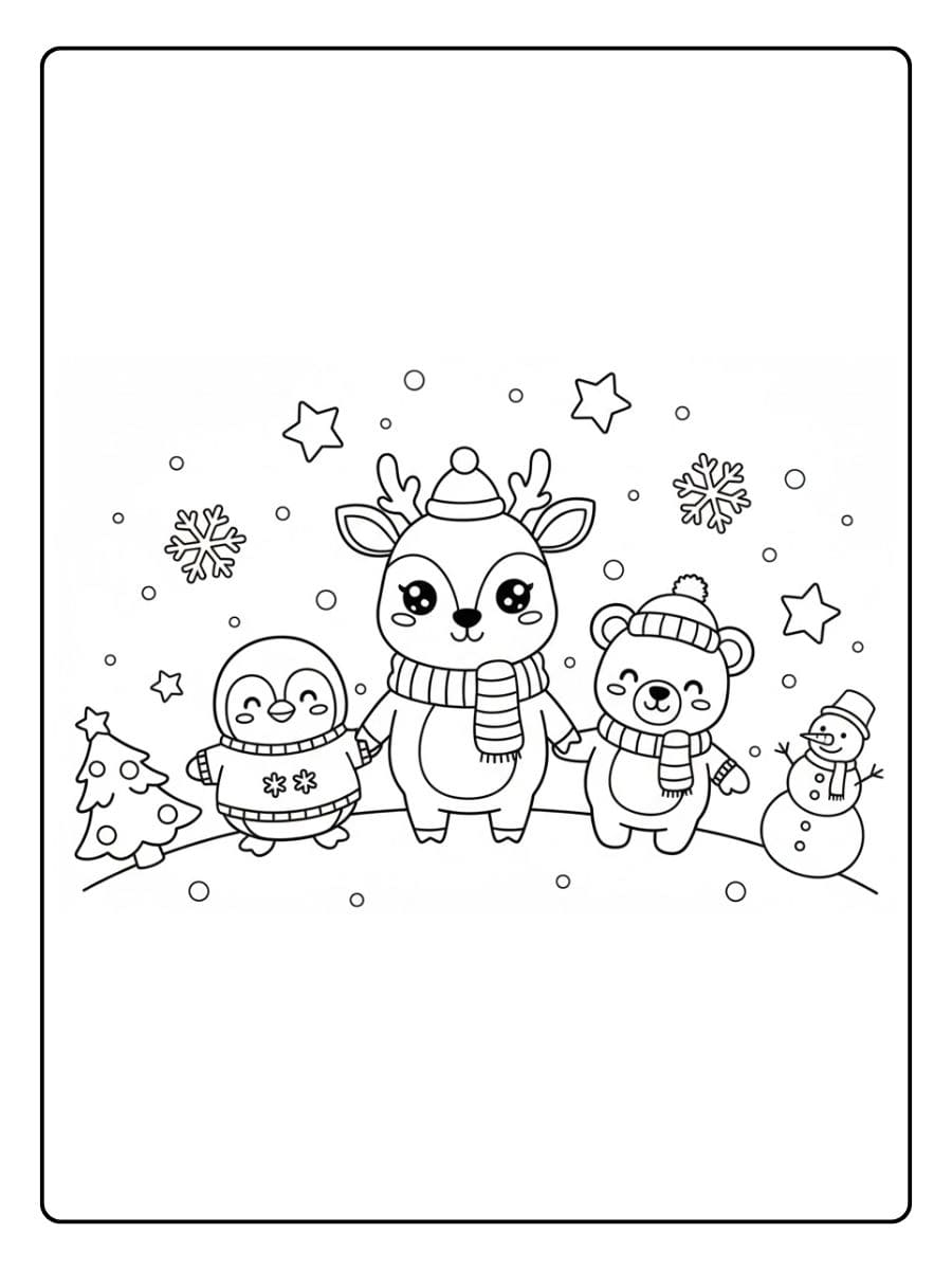 Kleurplaat kawaii kerst vrienden