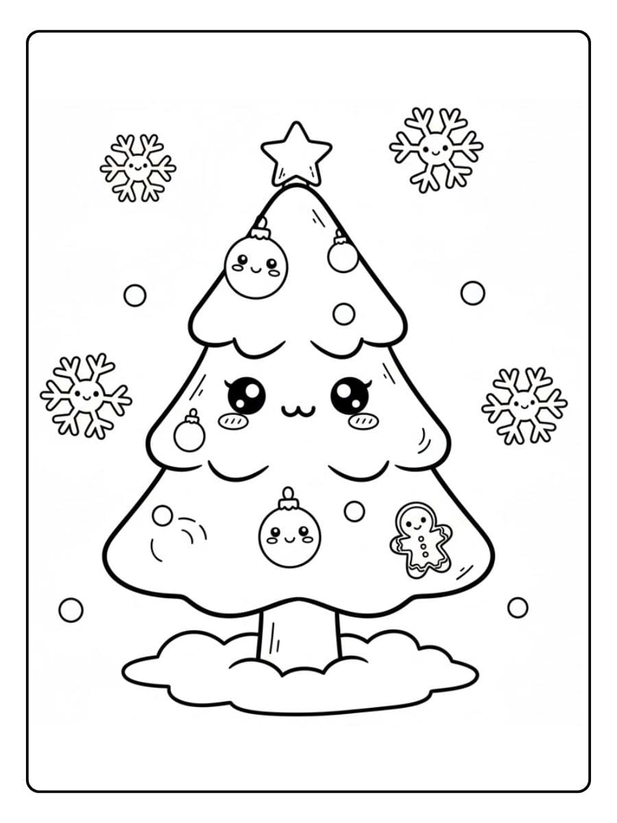 Kleurplaat kawaii kerstboom