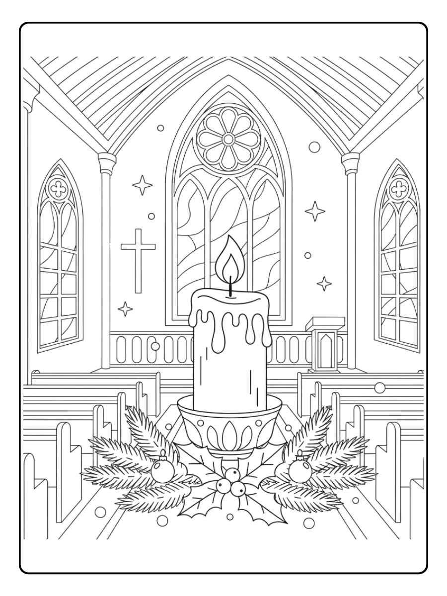 Kleurplaat kerst kaars in de kerk