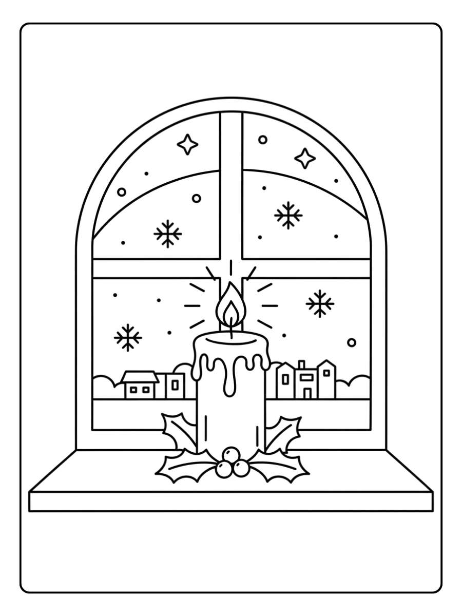Kleurplaat kerst kaars in de vensterbank