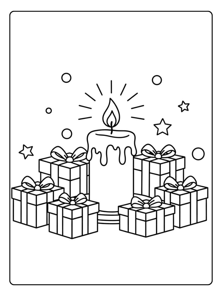 Kleurplaat kerst kaars met cadeautjes