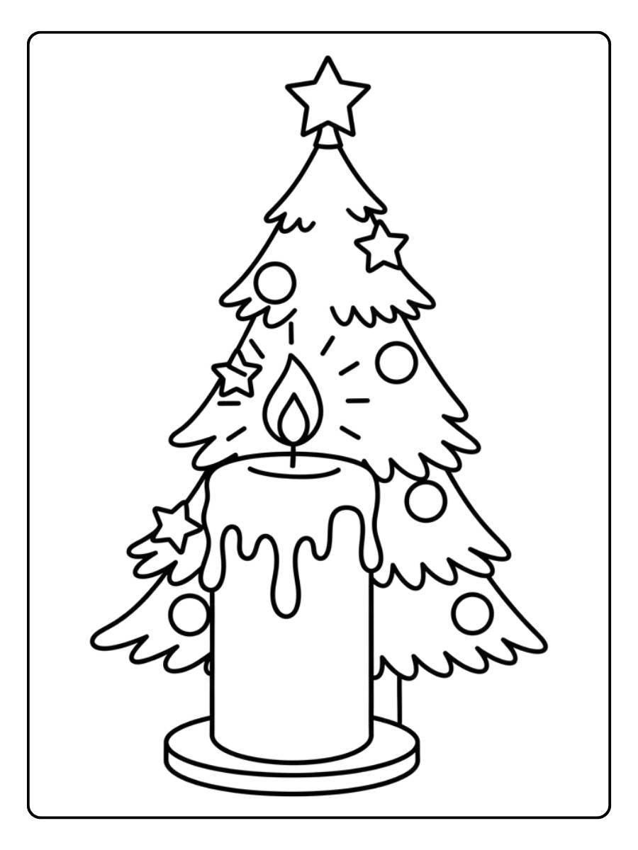 Kleurplaat kerst kaars met dennenboom