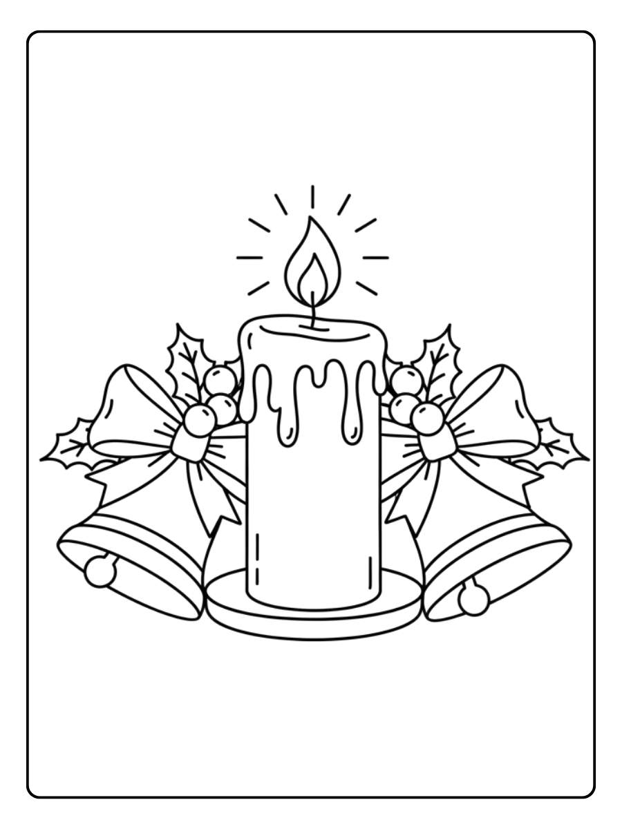Kleurplaat kerst kaars met kerstklokken