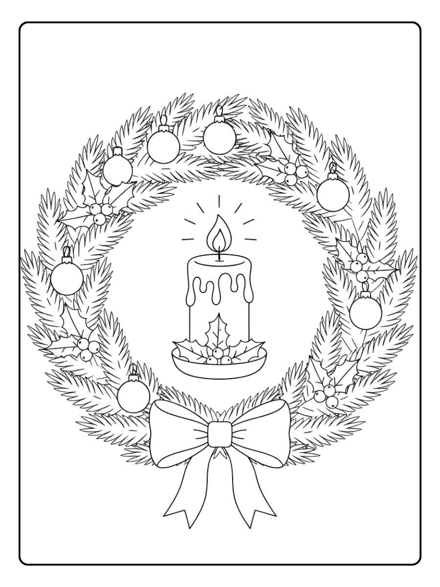 Kleurplaat kerst kaars met kerstkrans