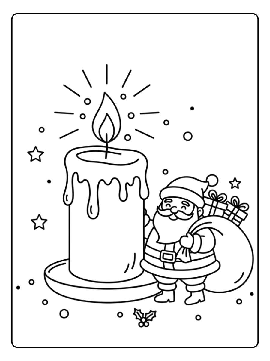 Kleurplaat kerst kaars met kerstman