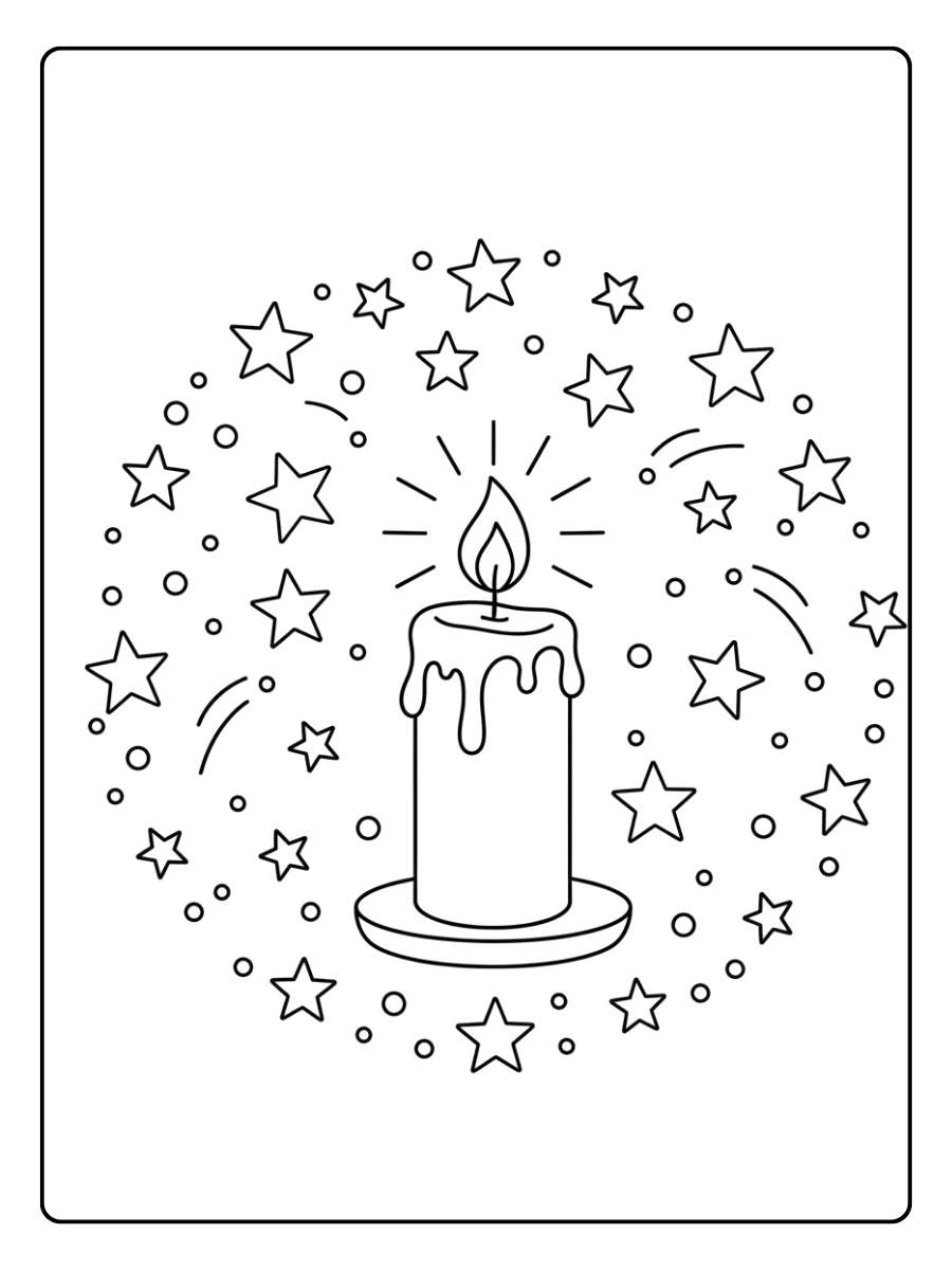 Kleurplaat kerst kaars met sterren