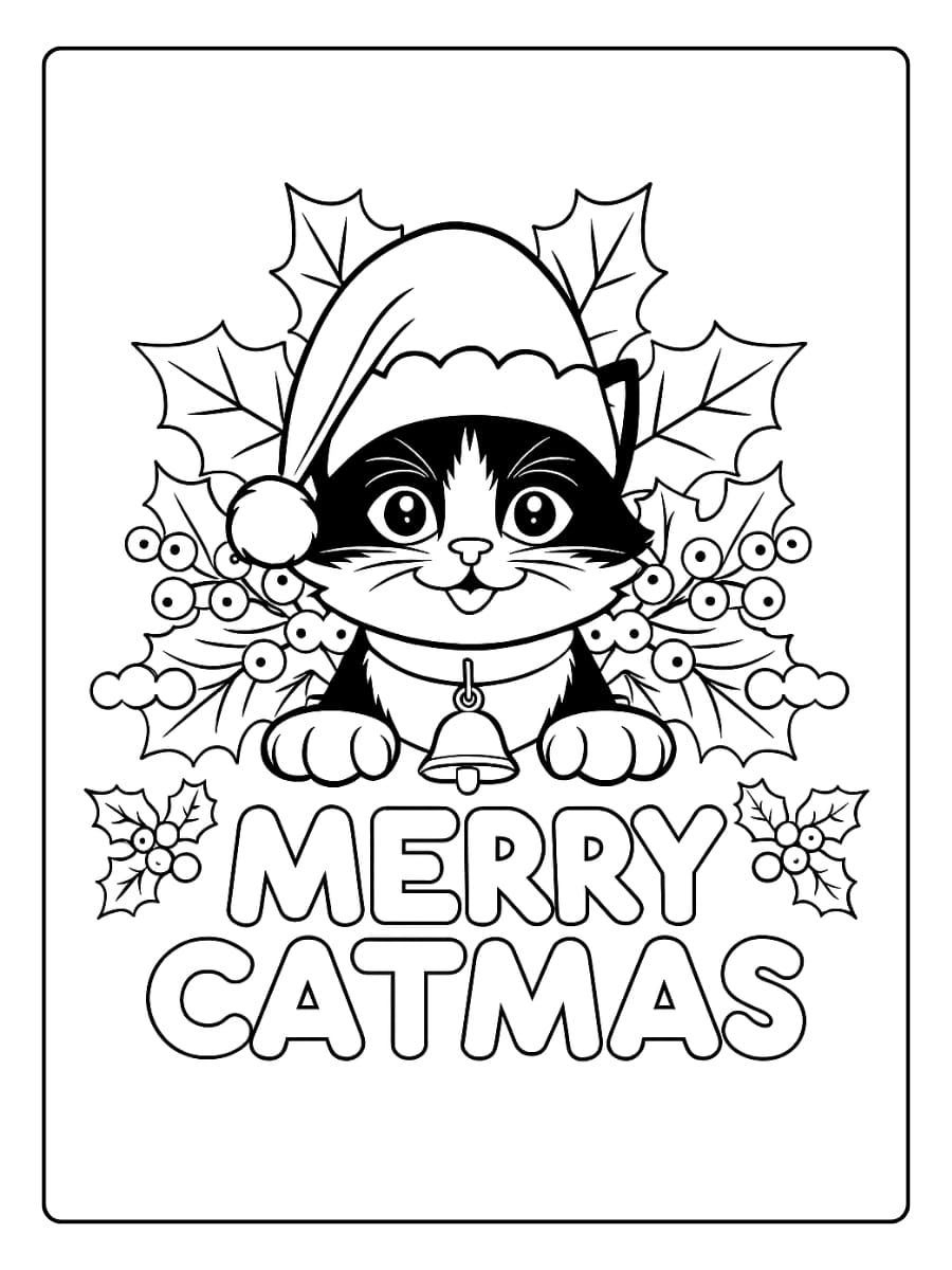 Kleurplaat kerst kat met een bel en hulstbladeren