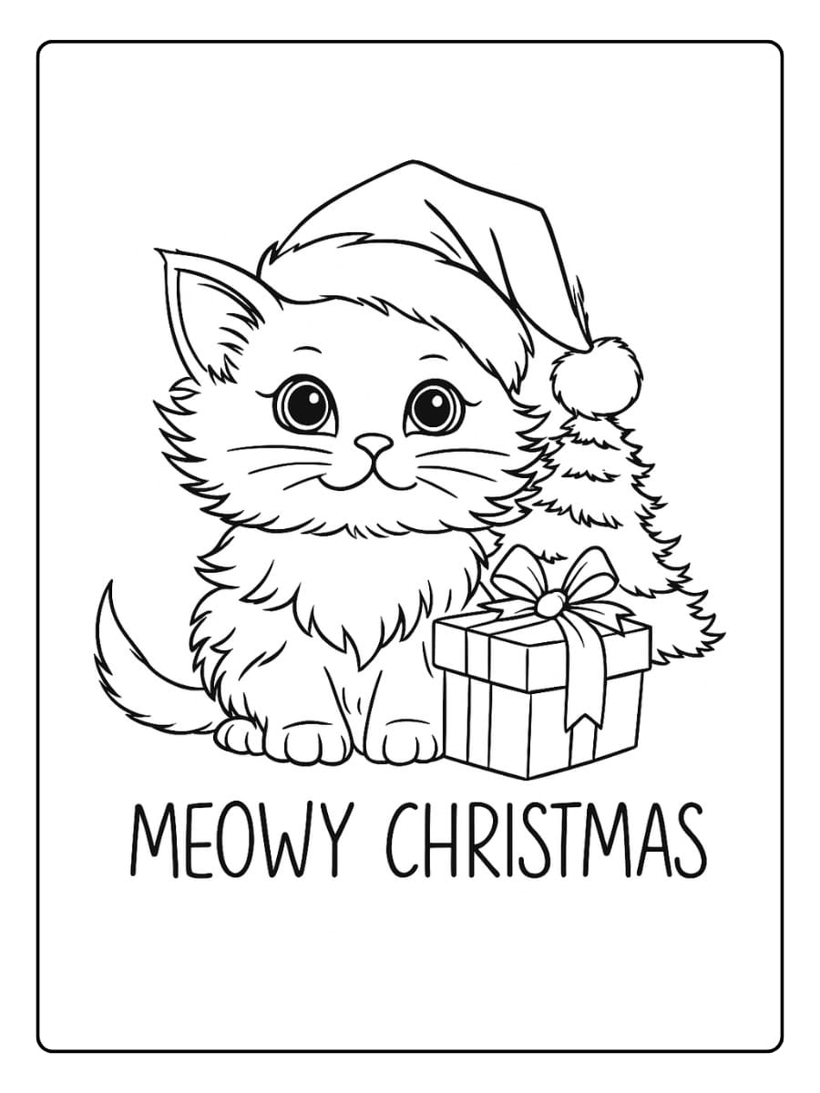 Kleurplaat kerst kat met een cadeau en een kerstboom