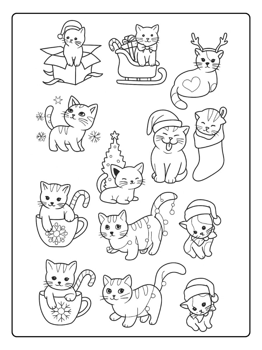 Kleurplaat kerst katten met hoeden, cadeaus en versieringen