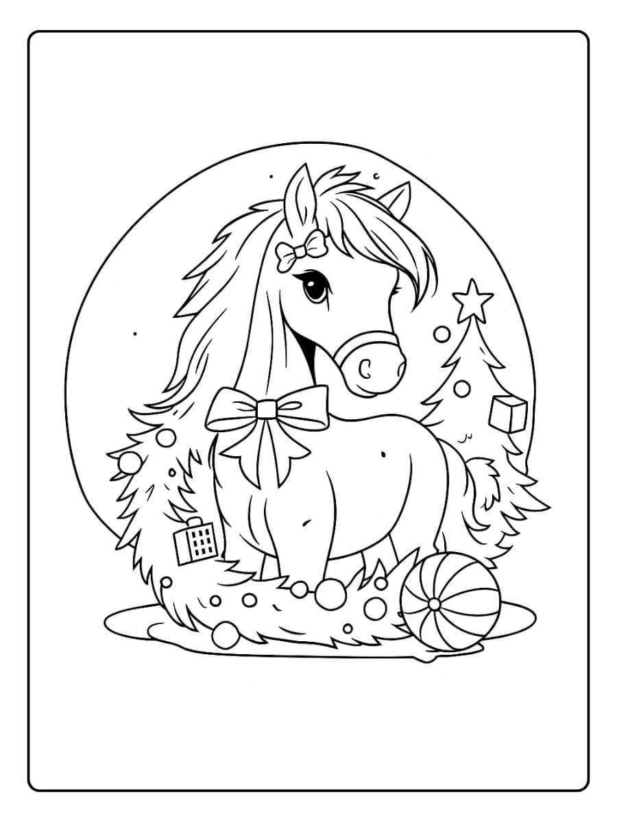 Kleurplaat kerst paard met linten en versieringen