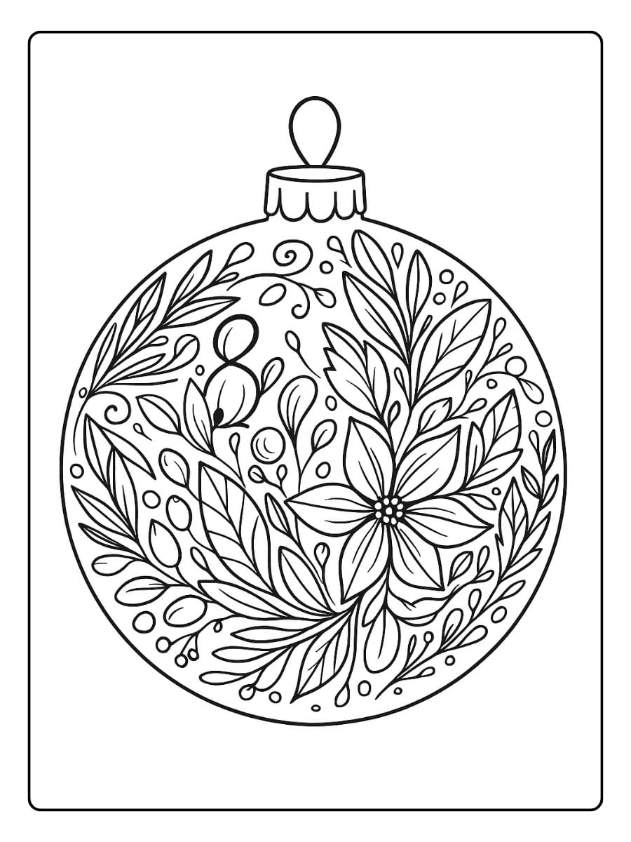 Kleurplaat kerstbal voor volwassenen met bloemmotief