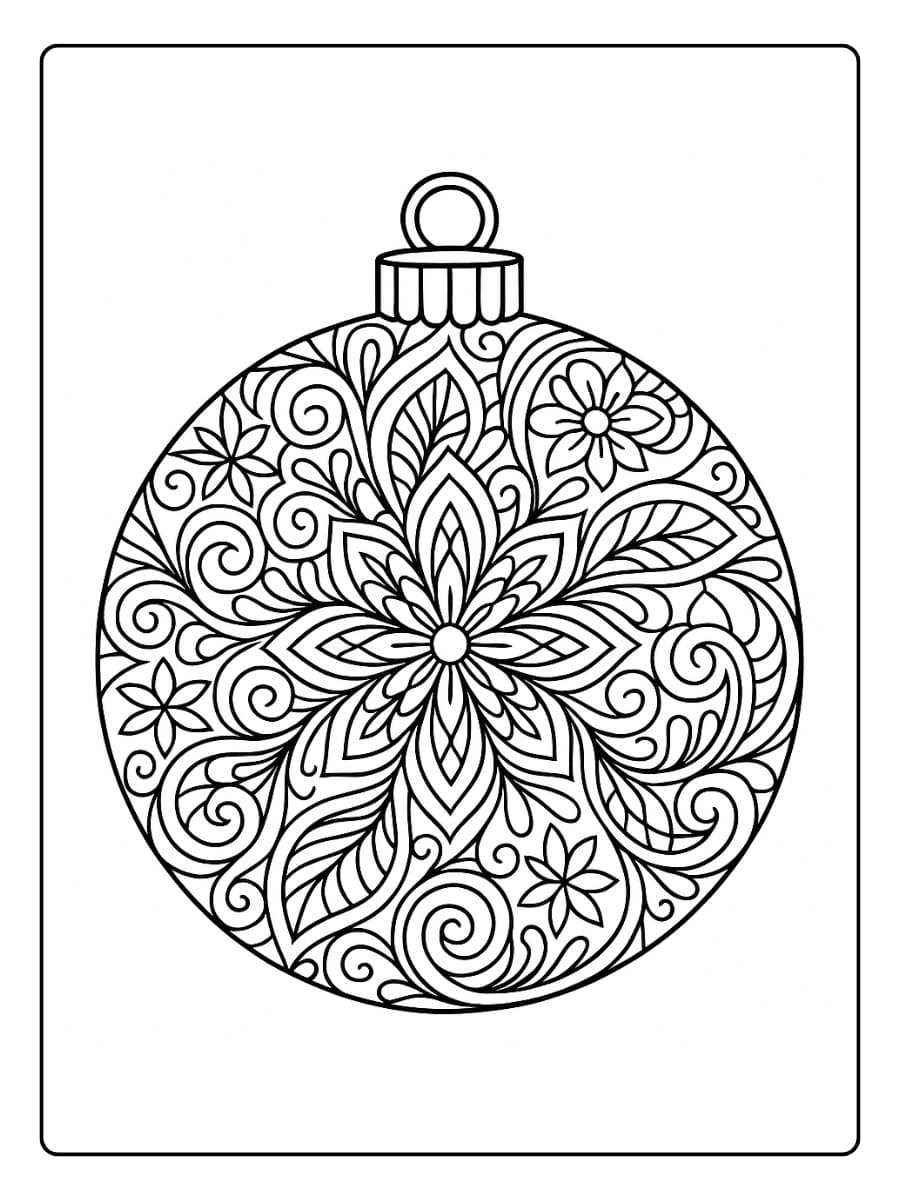 Kleurplaat kerstbal voor volwassenen met mandala patroon
