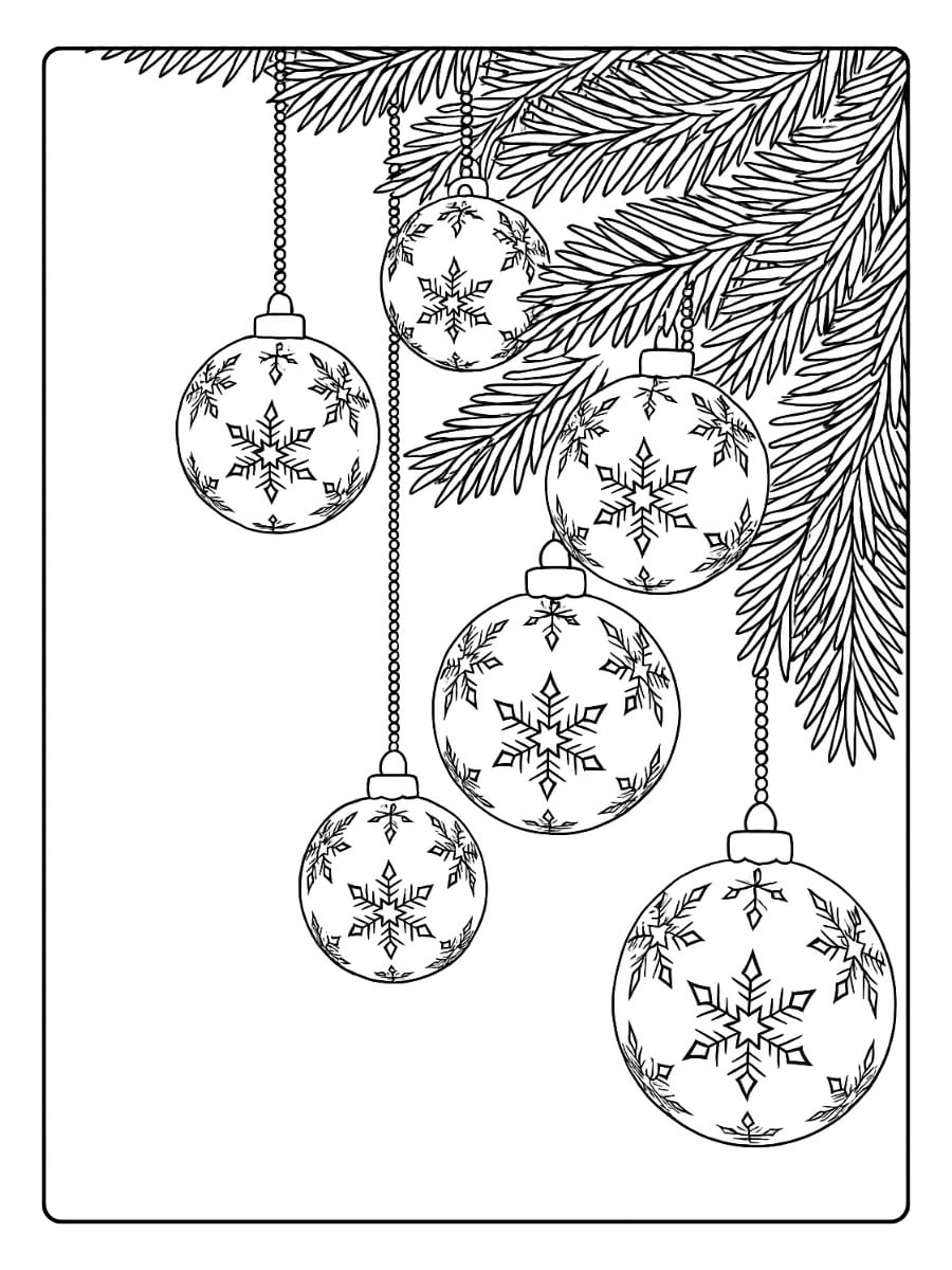 Kleurplaat kerstballen hangen aan groene dennentakken