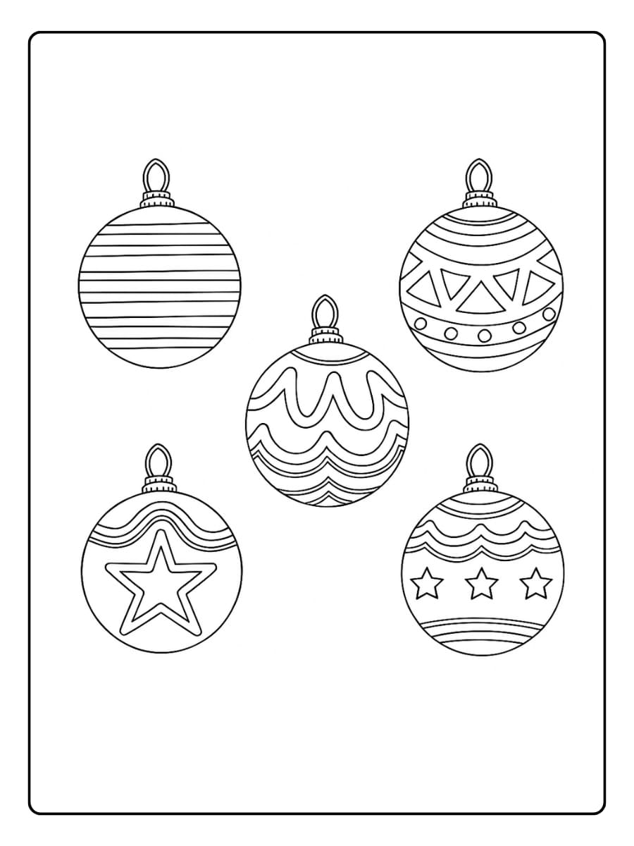 Kleurplaat kerstballen met decoratieve patronen