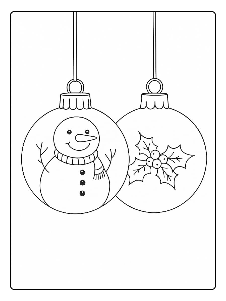 Kleurplaat kerstballen met een sneeuwman en hulstdecoratie
