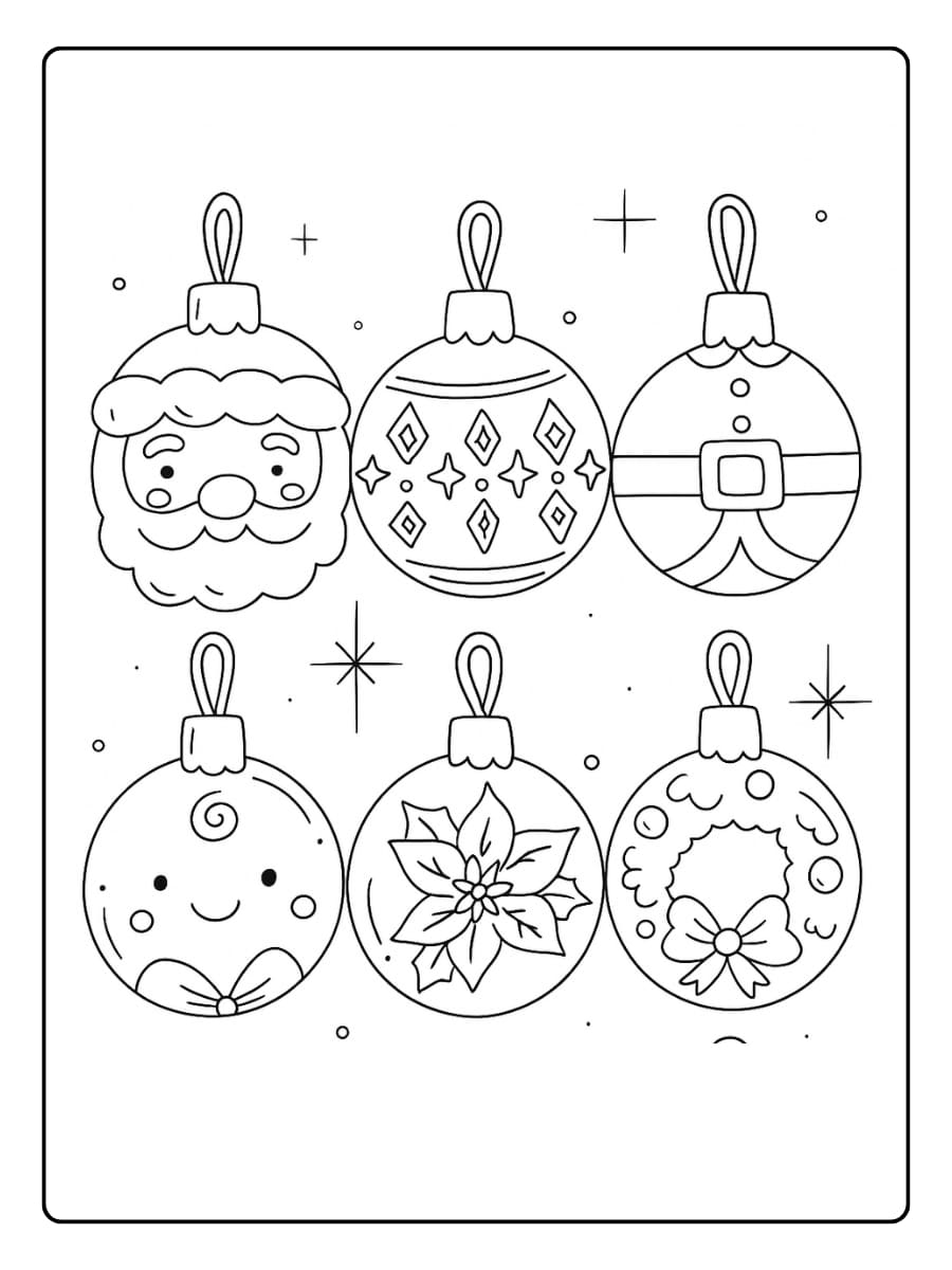 Kleurplaat kerstballen met verschillende feestelijke ontwerpen