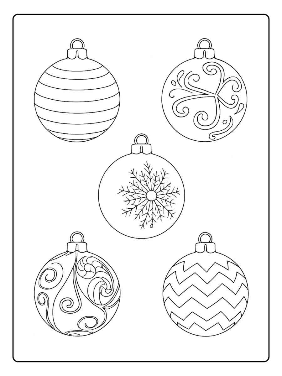 Kleurplaat kerstballen met verschillende patronen (2)